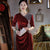 Half Sleeve V Neck Knee Length Velvet Cheongsam Mother Dress with Beading