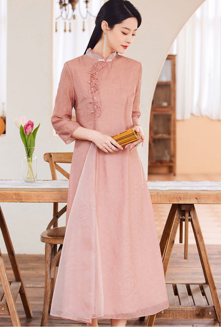 pink chinese style dress Pink Chinese style Han element dress big pendulum fish tail tattered three-piece set / M