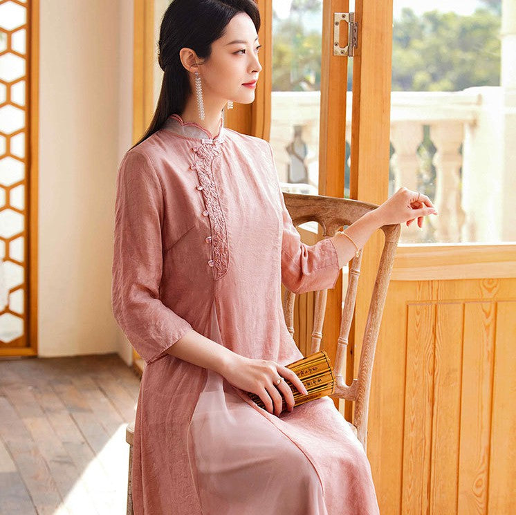 Chinese Style Dress with Retro Ethnic Embroidery and Slim Fit Cheongsam Collar Pink / XL Chinese Style Dress with Retro Ethnic Embroidery and Slim Fit Cheongsam Collar Pink / XL