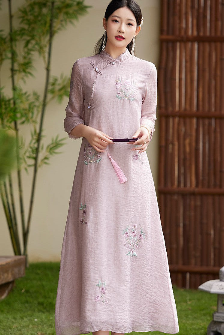 Retro Embroidered Chinese Style Dress with Elegant Button Closure and Improved Qipao Design Pink / L Retro Embroidered Chinese Style Dress with Elegant Button Closure and Improved Qipao Design Pink / L