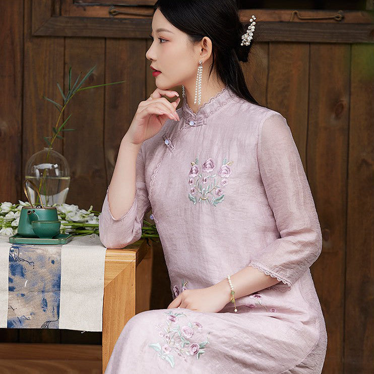 Retro Embroidered Chinese Style Dress with Elegant Button Closure and Improved Qipao Design Pink / L Retro Embroidered Chinese Style Dress with Elegant Button Closure and Improved Qipao Design Pink / L