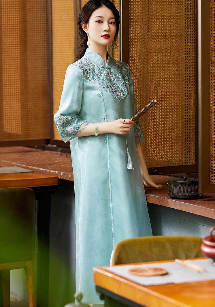Floral Embroidery Chinese Dress with a Loose Fit and Flowy Skirt Blue / S Floral Embroidery Chinese Dress with a Loose Fit and Flowy Skirt Blue / S