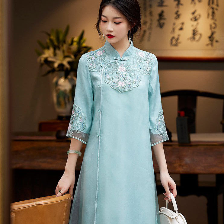 Floral Embroidery Chinese Dress with a Loose Fit and Flowy Skirt Blue / S Floral Embroidery Chinese Dress with a Loose Fit and Flowy Skirt Blue / S