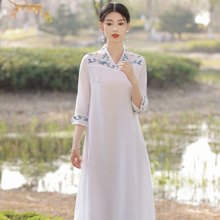 linen dress china White Linen Wrap Maxi Dress with V-Neck and A-Line Silhouette