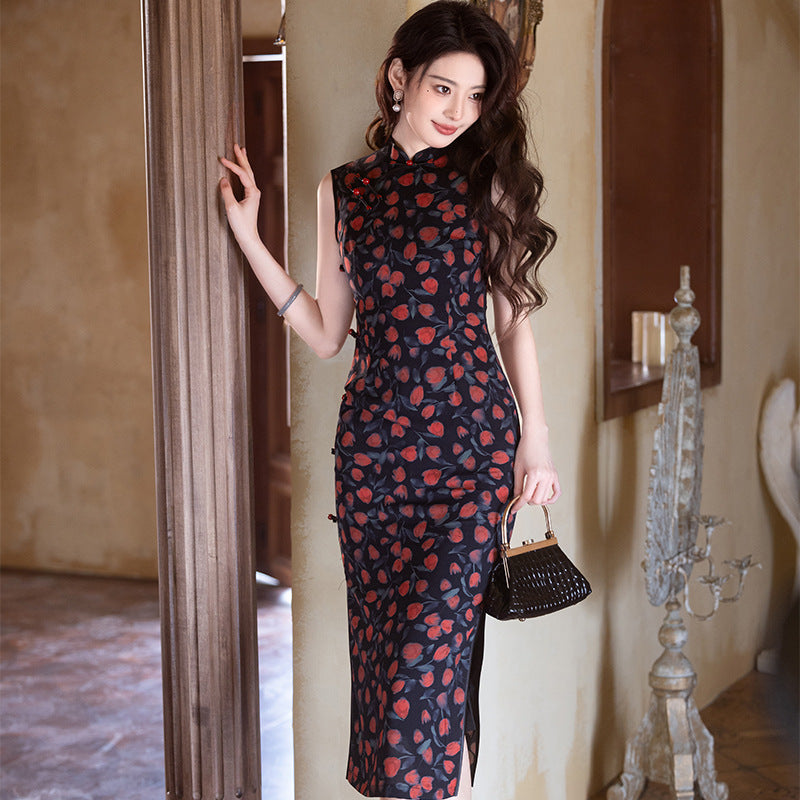 Elegant Sleeveless Long Cheongsam Double-Layer Tencel Fabric with Floral Print Slim Fit Qipao Dress Black / S Elegant Sleeveless Long Cheongsam Double-Layer Tencel Fabric with Floral Print Slim Fit Qipao Dress Black / S