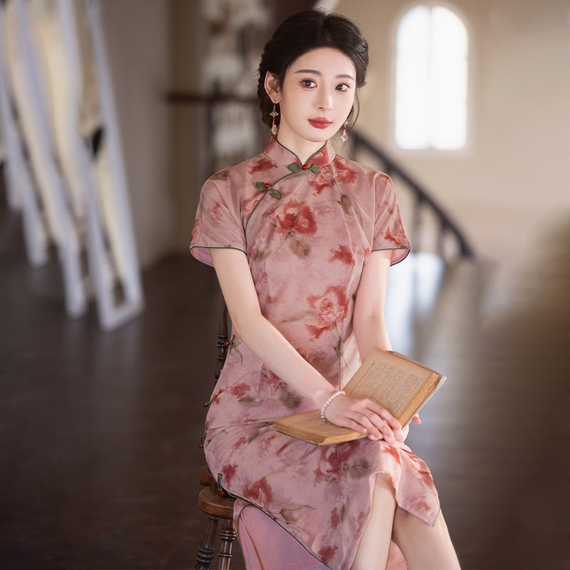 Elegant Floral Mesh Qipao Modern Chinese Slim Fit Dress with Stretch Tulle for Spring/Summer Pink / S Elegant Floral Mesh Qipao Modern Chinese Slim Fit Dress with Stretch Tulle for Spring/Summer Pink / S