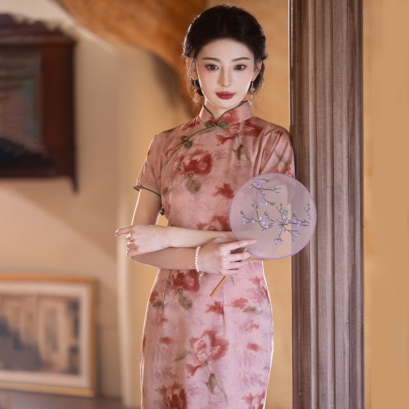 Elegant Floral Mesh Qipao Modern Chinese Slim Fit Dress with Stretch Tulle for Spring/Summer Pink / S Elegant Floral Mesh Qipao Modern Chinese Slim Fit Dress with Stretch Tulle for Spring/Summer Pink / S