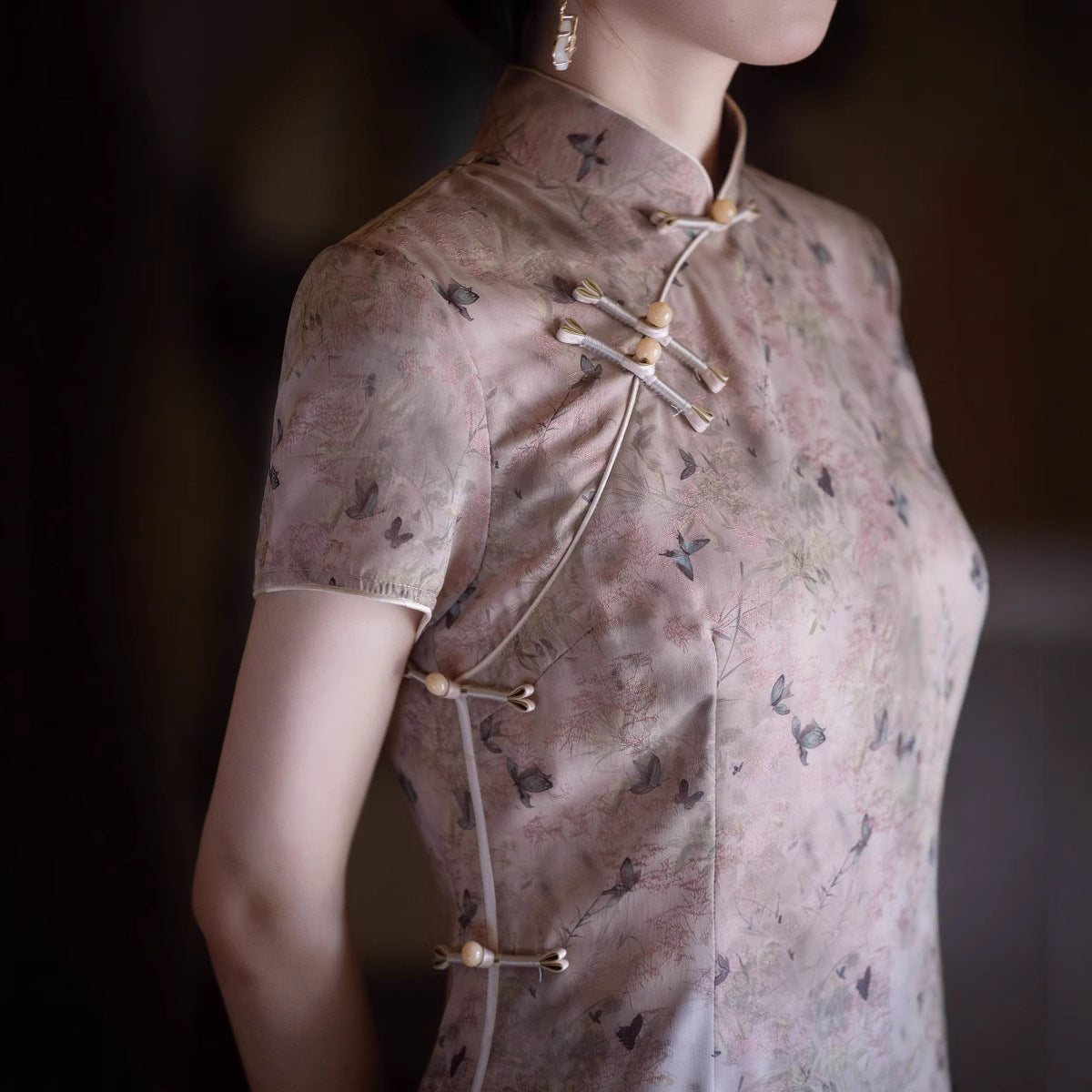 women's asian dress Spring/Summer Floral Qipao Dress – Short Sleeve Modern Chinese Cheongsam for Women in Lyocell Brown / S