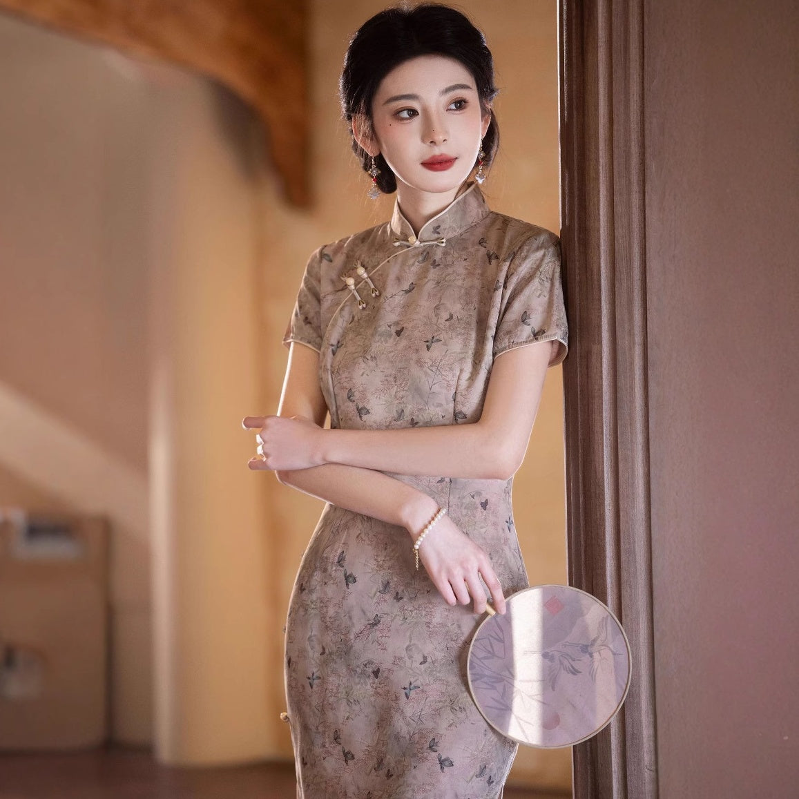 Spring/Summer Floral Qipao Dress Short Sleeve Modern Chinese Cheongsam for Women in Lyocell Brown / S Spring/Summer Floral Qipao Dress Short Sleeve Modern Chinese Cheongsam for Women in Lyocell Brown / S