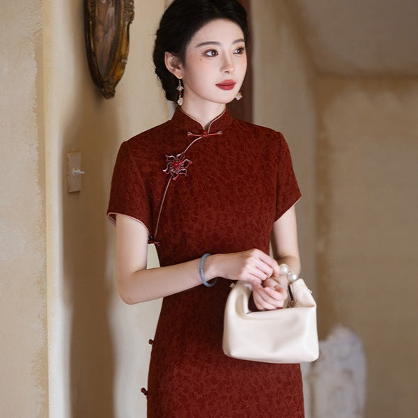 Slim Cheongsam – Short Sleeve Elegant Modern Qipao Dress for Engagement Red / M
