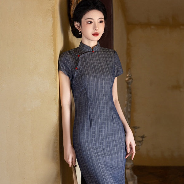 Vintage Plaid Cheongsam Elegant Republic Style Qipao Dress Blue / L Vintage Plaid Cheongsam Elegant Republic Style Qipao Dress Blue / L