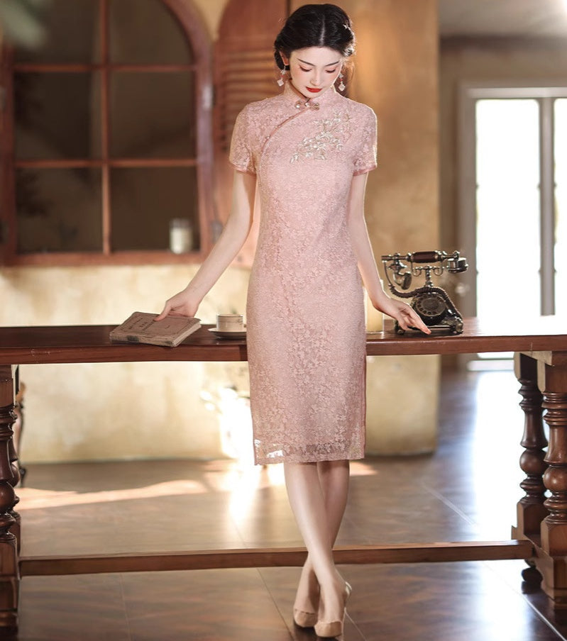 Spring Summer Lace Cheongsam Elegant Beige Mid-Length Qipao Dress in New Chinese Style Beige / L Spring Summer Lace Cheongsam Elegant Beige Mid-Length Qipao Dress in New Chinese Style Beige / L