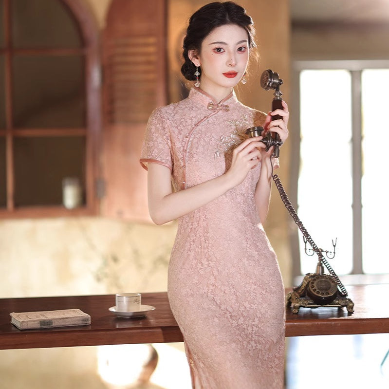 Spring Summer Lace Cheongsam – Elegant Beige Mid-Length Qipao Dress in – IDREAMMART
