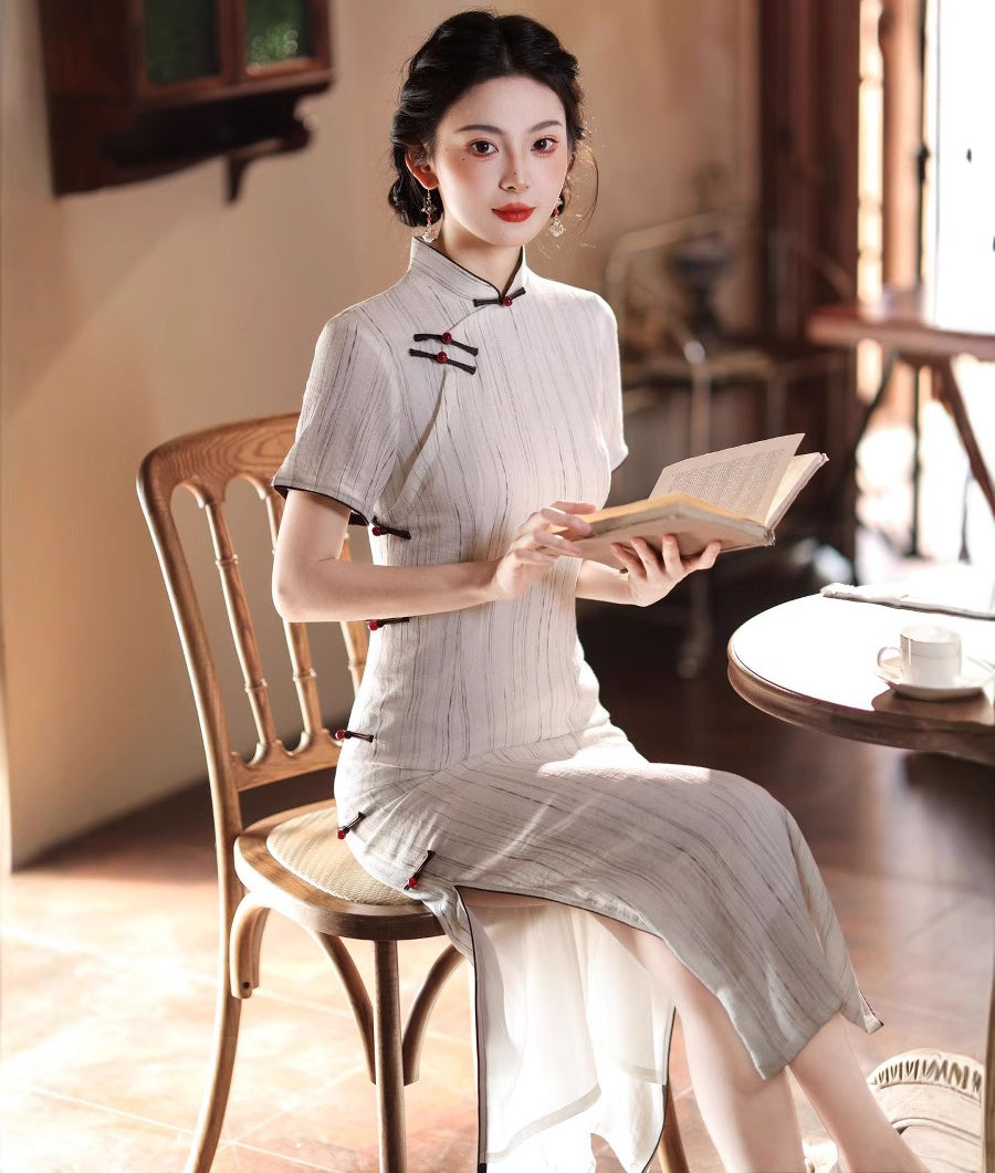Striped Cheongsam Slim Fit Retro Qipao Dress for Petite Women in Chinese Style Beige / S Striped Cheongsam Slim Fit Retro Qipao Dress for Petite Women in Chinese Style Beige / S