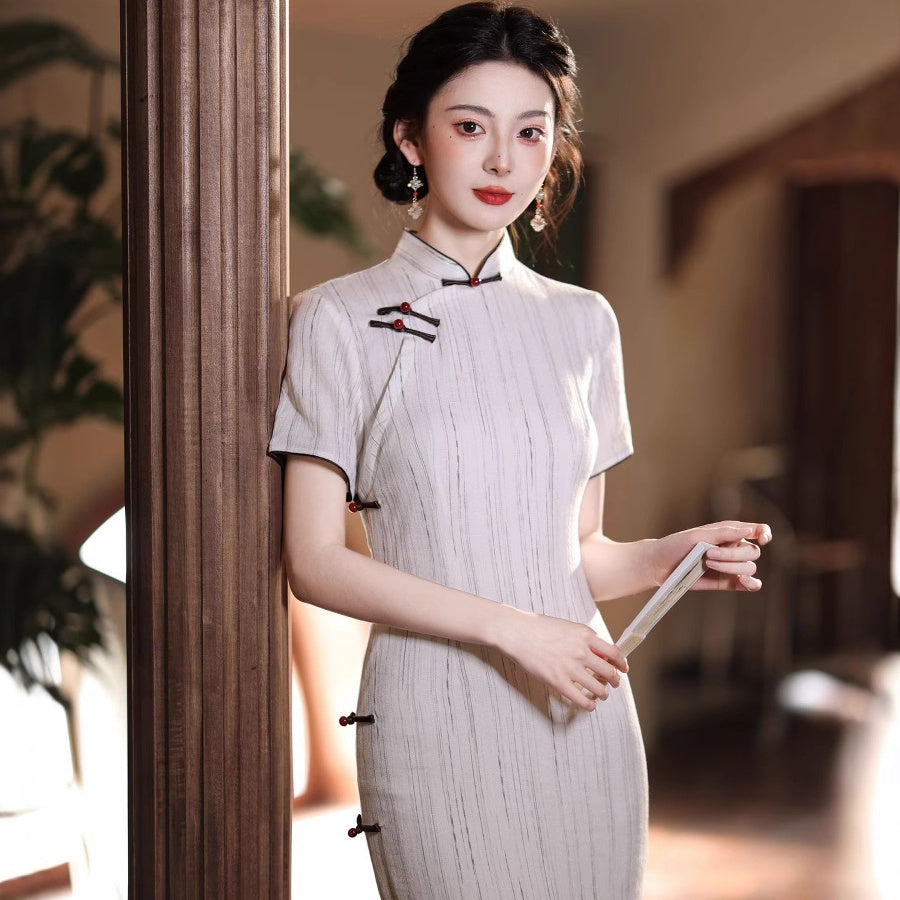 Striped Cheongsam – Slim Fit Retro Qipao Dress for Petite Women in Chinese Style Beige / S