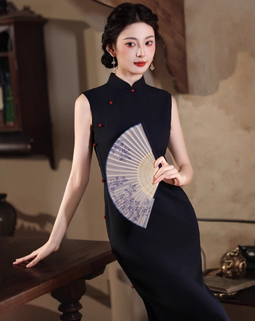 Spring Summer Sleeveless Cheongsam Elegant Slim Fit Modern Qipao Dress for Petite Women Black / S Spring Summer Sleeveless Cheongsam Elegant Slim Fit Modern Qipao Dress for Petite Women Black / S