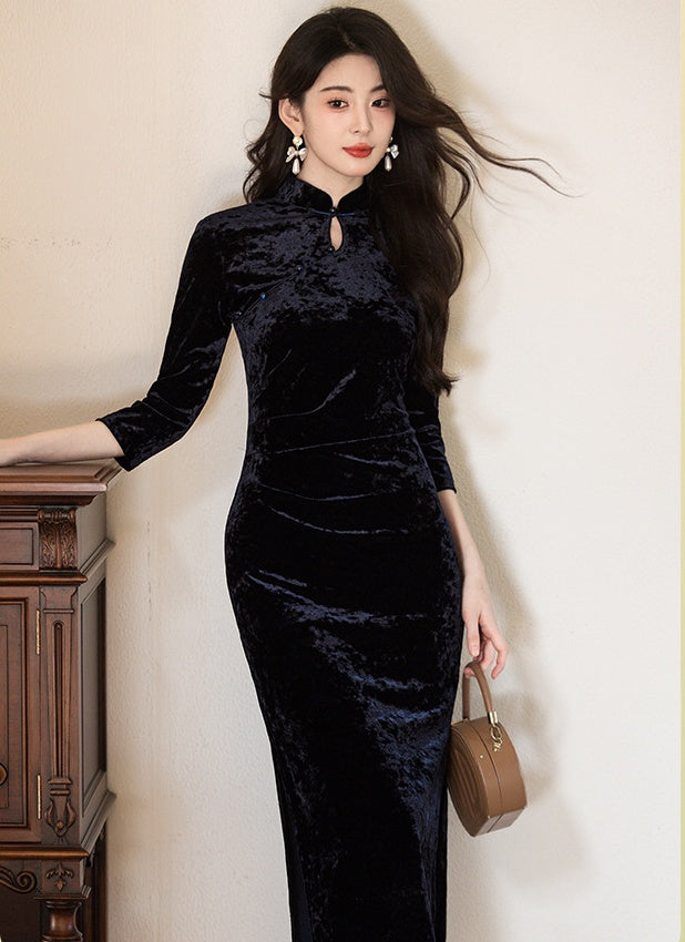 Classic Modest Style-Slim-Fit Cheongsam Dress with 3/4 Sleeve Navy / L Classic Modest Style-Slim-Fit Cheongsam Dress with 3/4 Sleeve Navy / L