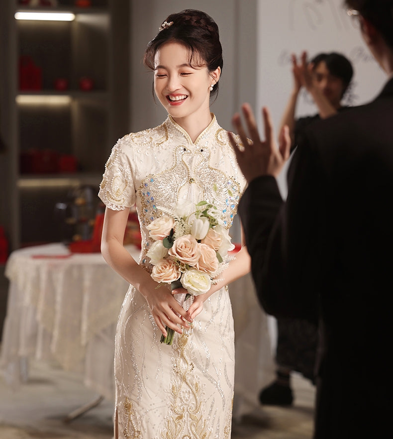 Champagne Lace Illusion Bridal Wedding Cheongsam Dress - IMALLURE S Champagne Lace Illusion Bridal Wedding Cheongsam Dress - IMALLURE S