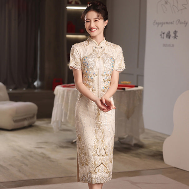 Champagne Lace Illusion Bridal Wedding Cheongsam Dress - IMALLURE S Champagne Lace Illusion Bridal Wedding Cheongsam Dress - IMALLURE S