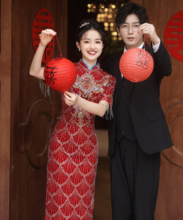 Floral Sequin Elegant Cheongsam Toasting Dress Wedding Gown with Tassels Red / M Floral Sequin Elegant Cheongsam Toasting Dress Wedding Gown with Tassels Red / M