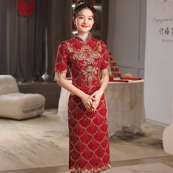 Floral Sequin Elegant Cheongsam Toasting Dress Wedding Gown with Tassels Red / M Floral Sequin Elegant Cheongsam Toasting Dress Wedding Gown with Tassels Red / M