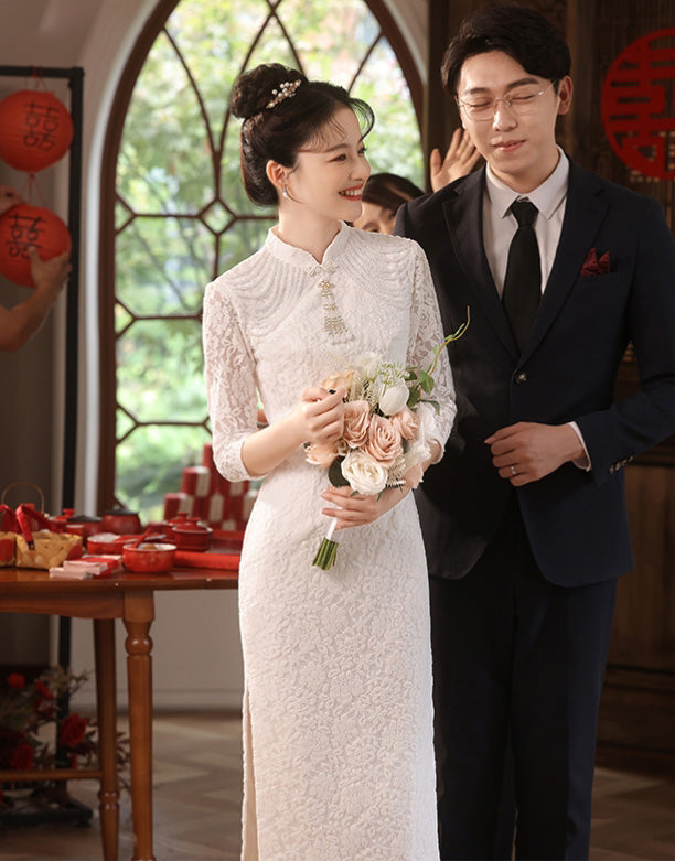 thumbnail image 2 of Vintage Floral Lace Cheongsam Dress - Long Sleeve Mandarin Collar Bodycon Midi 2 of 12