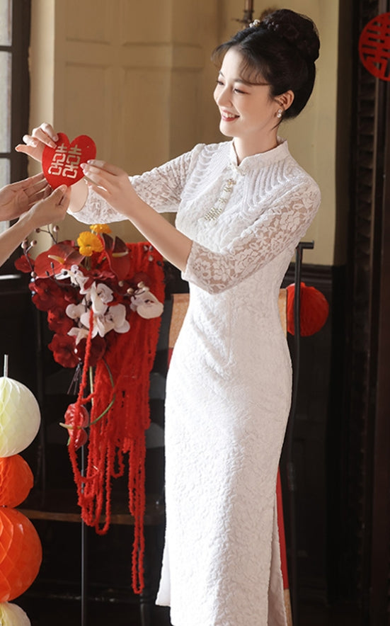 Long Sleeve Floral Lace Cheongsam Toasting Dress Wedding Gown Ivory / XL Long Sleeve Floral Lace Cheongsam Toasting Dress Wedding Gown Ivory / XL