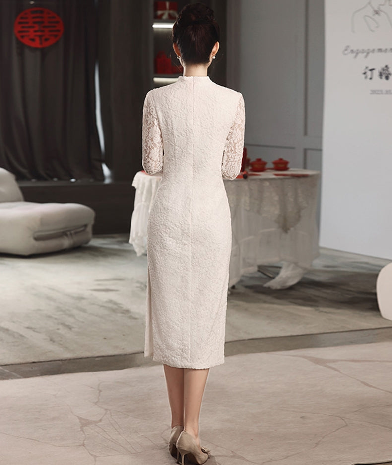 thumbnail image 2 of Vintage Floral Lace Cheongsam Dress - Long Sleeve Mandarin Collar Bodycon Midi 2 of 12