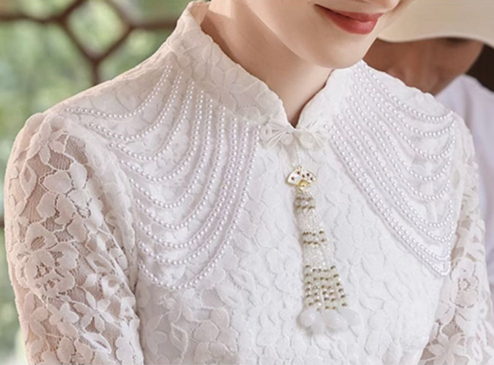 thumbnail image 2 of Vintage Floral Lace Cheongsam Dress - Long Sleeve Mandarin Collar Bodycon Midi 2 of 12