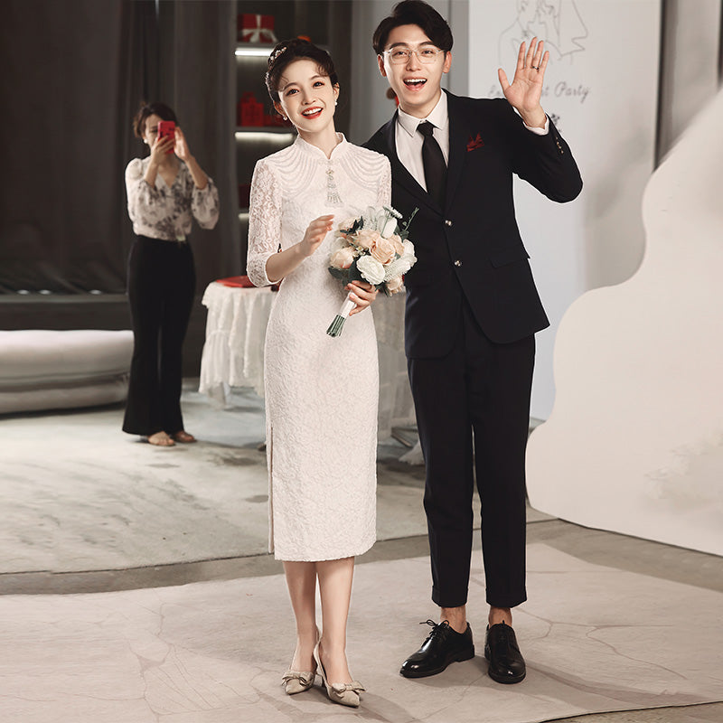 Long Sleeve Floral Lace Cheongsam Toasting Dress Wedding Gown Ivory / XL Long Sleeve Floral Lace Cheongsam Toasting Dress Wedding Gown Ivory / XL