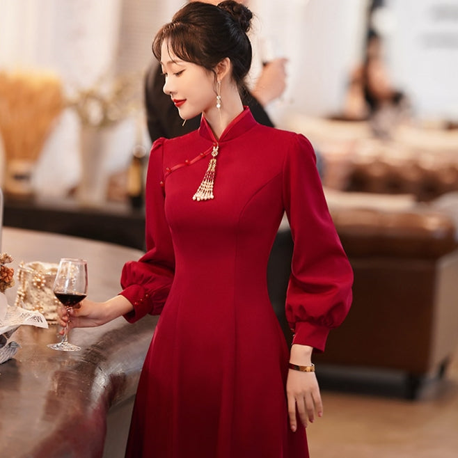 red chinese dress long sleeve Chinese Dress Qipao for women cheongsam National dress girl wedding red long sleeve long cheongsam dress