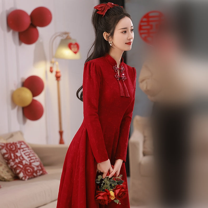 Long Sleeve A-line Knee Length Cheongsam Toasting Dress Wedding Gown Burgundy / 3XL Long Sleeve A-line Knee Length Cheongsam Toasting Dress Wedding Gown Burgundy / 3XL