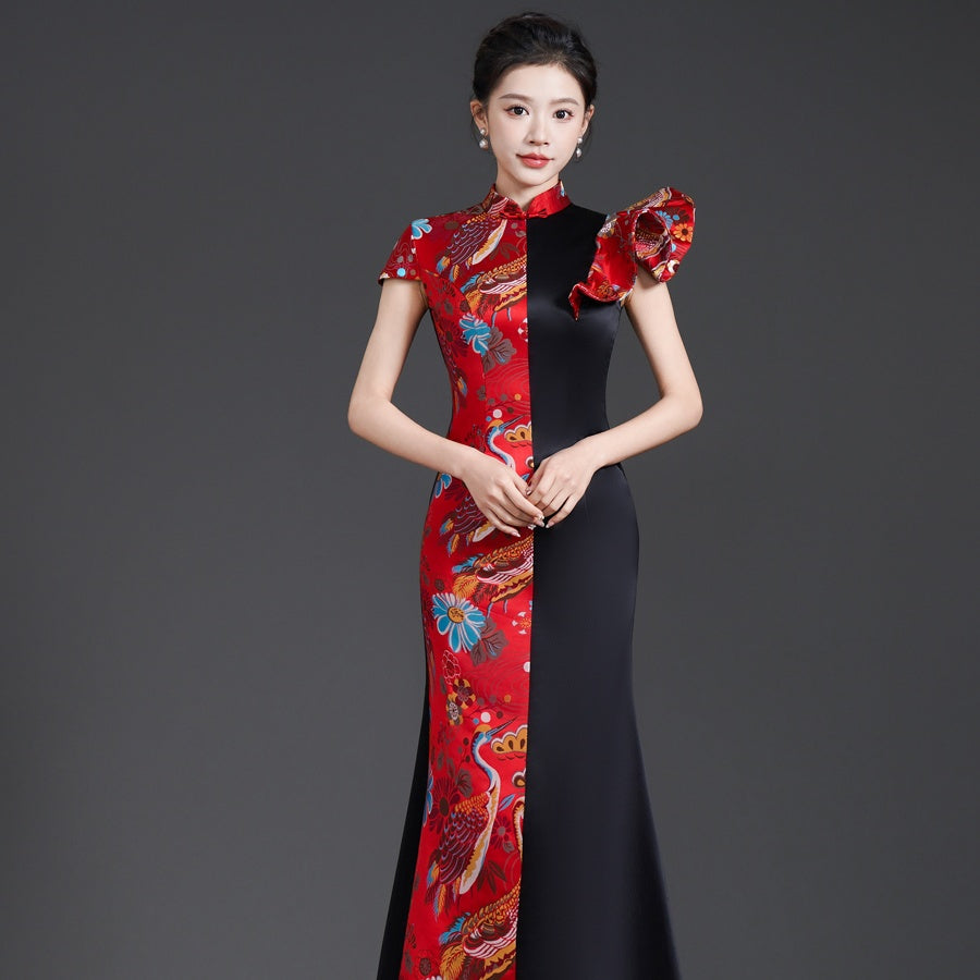 Elegant Red & Black Mermaid Evening Gown | Stunning Qipao Style for Runway & Performance Black / XL Elegant Red & Black Mermaid Evening Gown | Stunning Qipao Style for Runway & Performance Black / XL