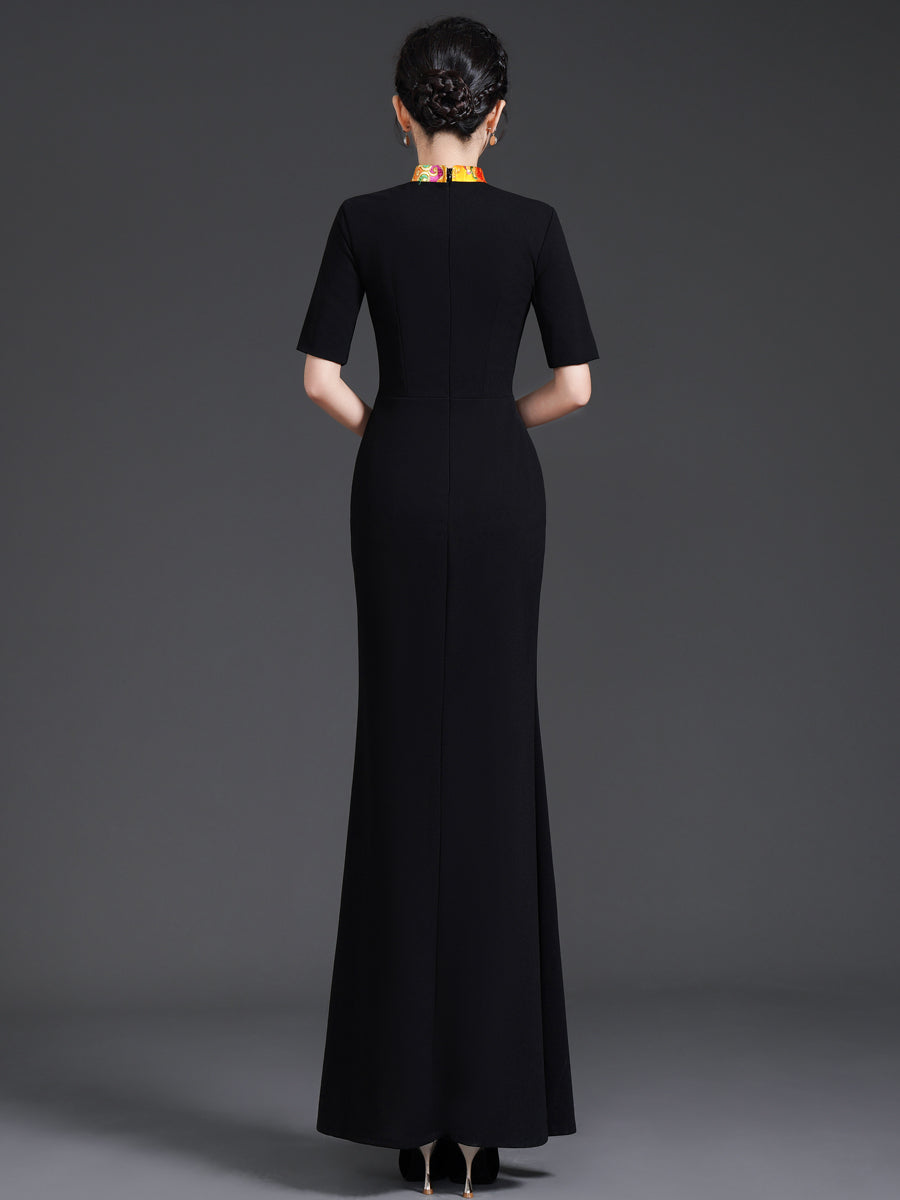 Elegant Chinese-Style Modified Qipao | Black Long Mermaid Evening Gown with Side Slit for Runway & Banquet Events Black / XL Elegant Chinese-Style Modified Qipao | Black Long Mermaid Evening Gown with Side Slit for Runway & Banquet Events Black / XL