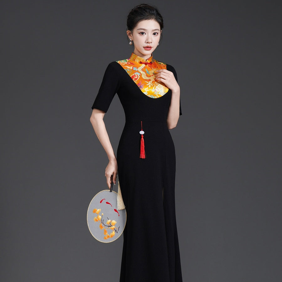 Elegant Chinese-Style Modified Qipao | Black Long Mermaid Evening Gown with Side Slit for Runway & Banquet Events Black / XL Elegant Chinese-Style Modified Qipao | Black Long Mermaid Evening Gown with Side Slit for Runway & Banquet Events Black / XL