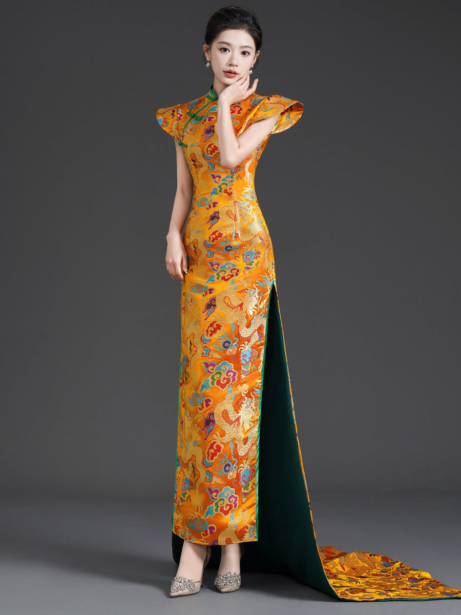 Runway Elegance Luxury New Chinese Style Mermaid Train Gold Qipao E Brocade dragon robe trailing / 5XL (large size thin) Runway Elegance Luxury New Chinese Style Mermaid Train Gold Qipao E Brocade dragon robe trailing / 5XL (large size thin)