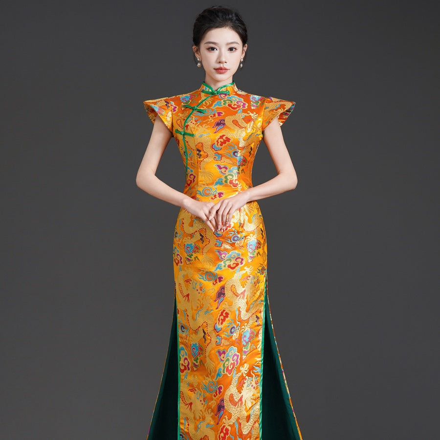 Runway Elegance Luxury New Chinese Style Mermaid Train Gold Qipao E Brocade dragon robe trailing / 5XL (large size thin) Runway Elegance Luxury New Chinese Style Mermaid Train Gold Qipao E Brocade dragon robe trailing / 5XL (large size thin)
