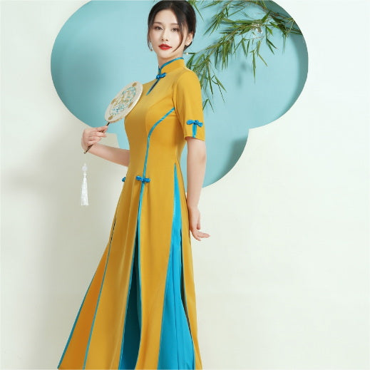 Cheongsam Top Vietnamese Ao Dai Dress includes Loose Pants Yellow / 4XL