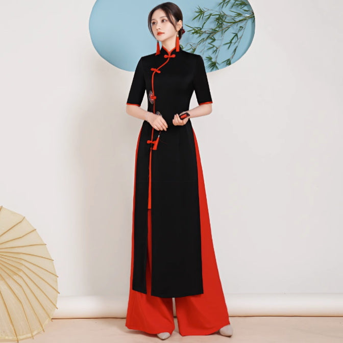 Floral Embroidery Cheongsam Top Vietnamese Ao Dai Dress includes Loose Pants Black / 5XL Floral Embroidery Cheongsam Top Vietnamese Ao Dai Dress includes Loose Pants Black / 5XL