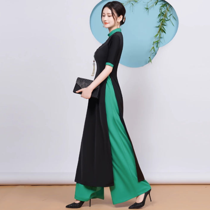Half Sleeve Floral Embroidery Cheongsam Top Vietnamese Ao Dai Dress Black / XS Half Sleeve Floral Embroidery Cheongsam Top Vietnamese Ao Dai Dress Black / XS