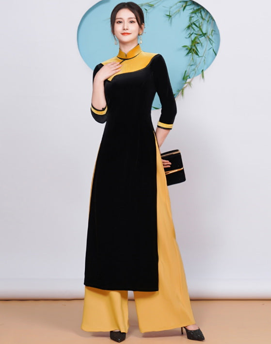 3/4 Sleeve Mandarin Collar Cheongsam Top Vietnamese Ao Dai Dress Black / 5XL 3/4 Sleeve Mandarin Collar Cheongsam Top Vietnamese Ao Dai Dress Black / 5XL