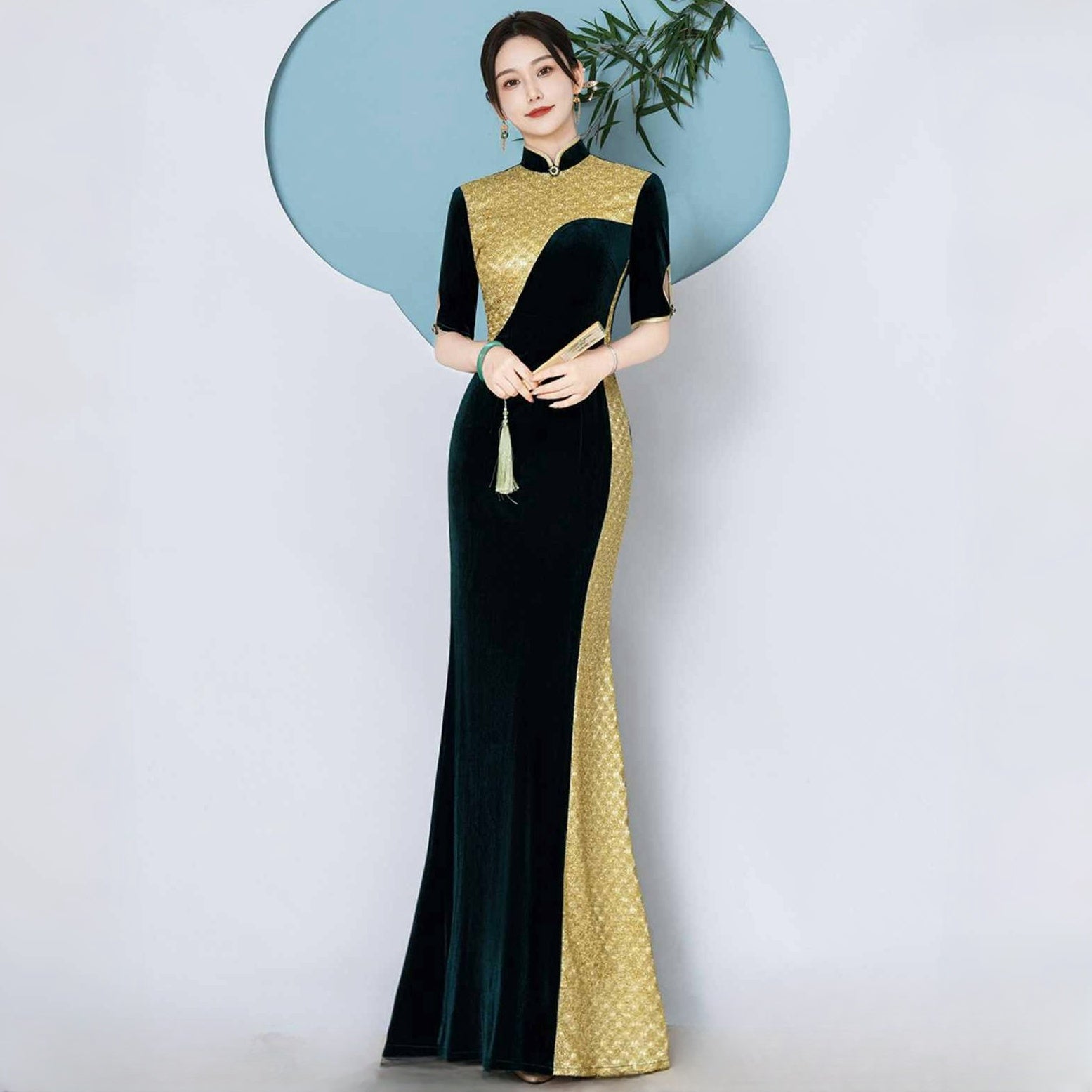 qipao evening dress Luxury Velvet Cheongsam Long Fitted Mermaid Cocktail Dress Purple Dress Sophisticated simplicity never looked Color:#9-Peach Puff lightweight linen outfit