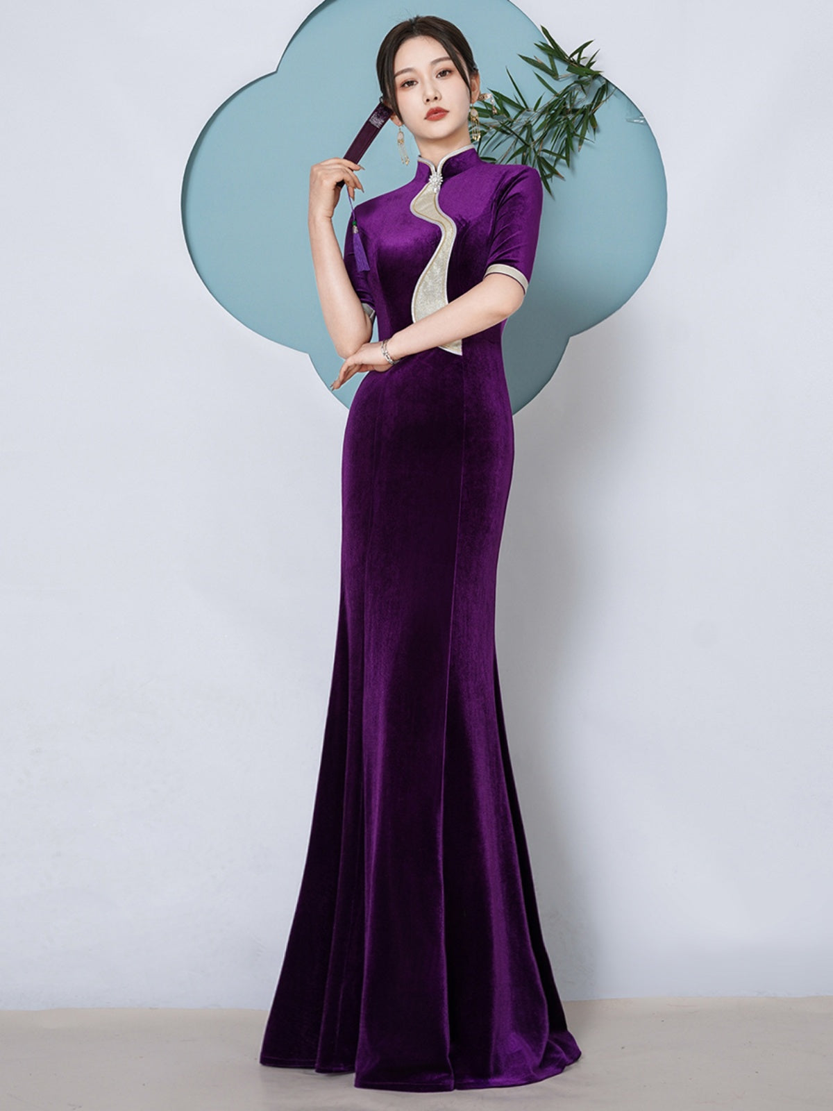 Luxury Velvet Cheongsam Qipao Dress Long Fitted Mermaid Evening Gown Purple / Xs Luxury Velvet Cheongsam Qipao Dress Long Fitted Mermaid Evening Gown Purple / Xs