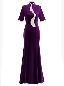 Luxury Velvet Cheongsam Qipao Dress Long Fitted Mermaid Evening Gown Purple / L