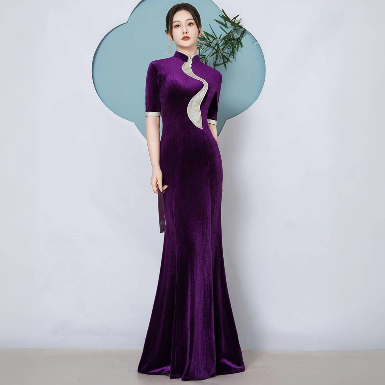 Luxury Velvet Cheongsam Qipao Dress Long Fitted Mermaid Evening Gown Purple / XS Luxury Velvet Cheongsam Qipao Dress Long Fitted Mermaid Evening Gown Purple / XS