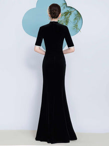 Luxury Velvet Cheongsam Qipao Dress Long Fitted Mermaid Evening Gown Black / XS