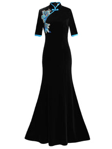 Black Floral Velvet Qipao Cheongsam Dress, S