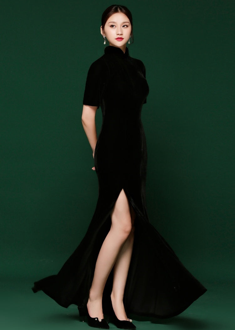 Luxury Velvet Cheongsam Qipao Dress Long Fitted Mermaid Evening Gown Black / 6XL Luxury Velvet Cheongsam Qipao Dress Long Fitted Mermaid Evening Gown Black / 6XL