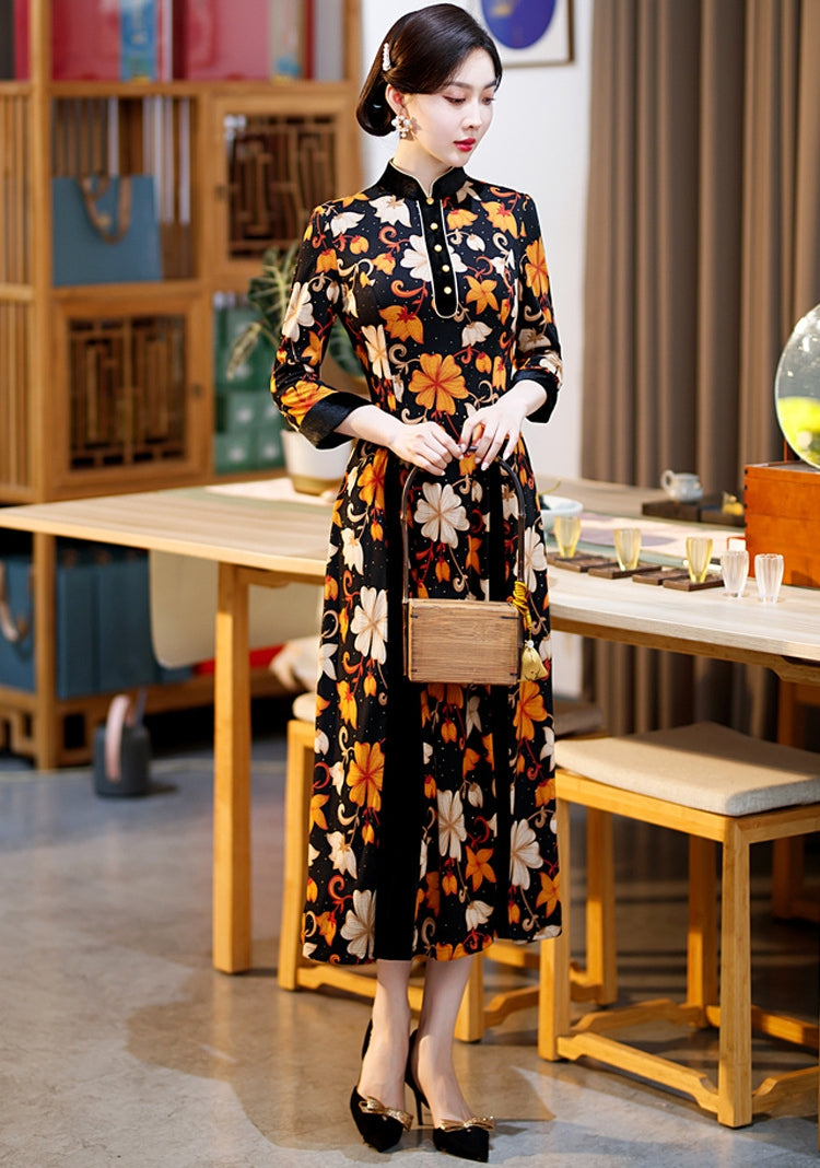 long qipao dress Fashionable Retro Slimming Printed Long Qipao Dress for Daily Wear or Formal Occasions Black / L