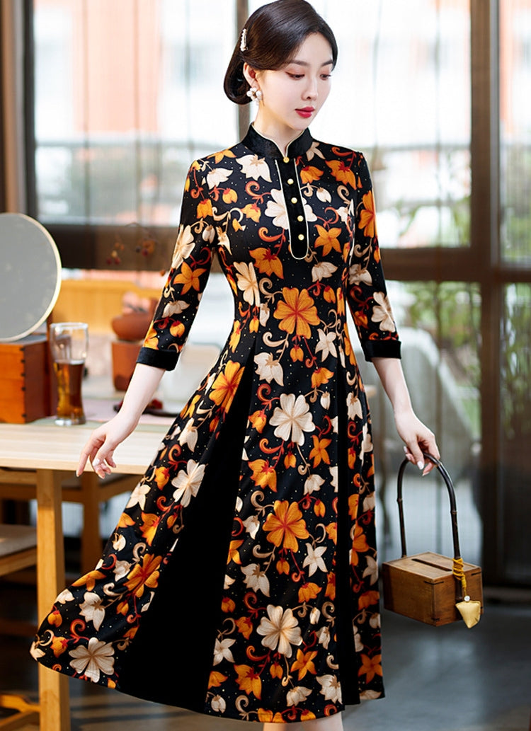 Fashionable Retro Slimming Printed Long Qipao Dress for Daily Wear or – IDREAMMART